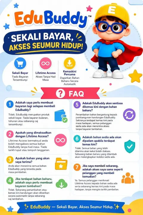 Poster EduBuddy sekali bayar, akses seumur hidup dan FAQ